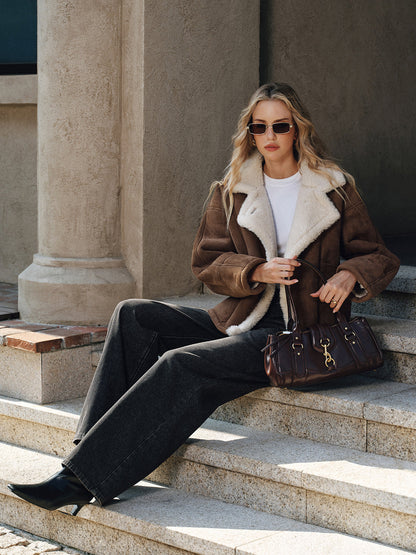 Women's Brown Cropped Jacket with Cream Shearling-Effect Trim – view 5