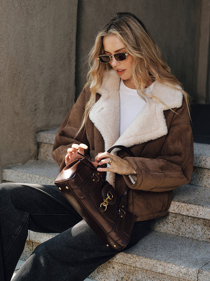 Women's Brown Cropped Jacket with Cream Shearling-Effect Trim – view 7