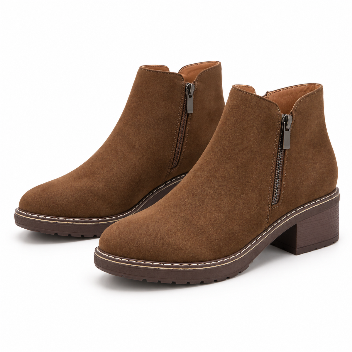 Women's Chunky Block Heel Ankle Boots – Side Zip with Contrast Stitching – view 3