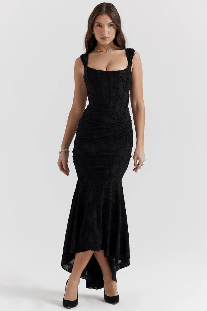 Denise | Women's Elegant Maxi Wedding Guest Dress with Ruched Waist