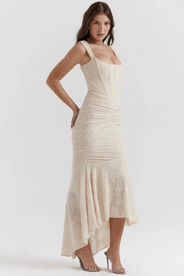 Denise | Women's Elegant Maxi Wedding Guest Dress with Ruched Waist