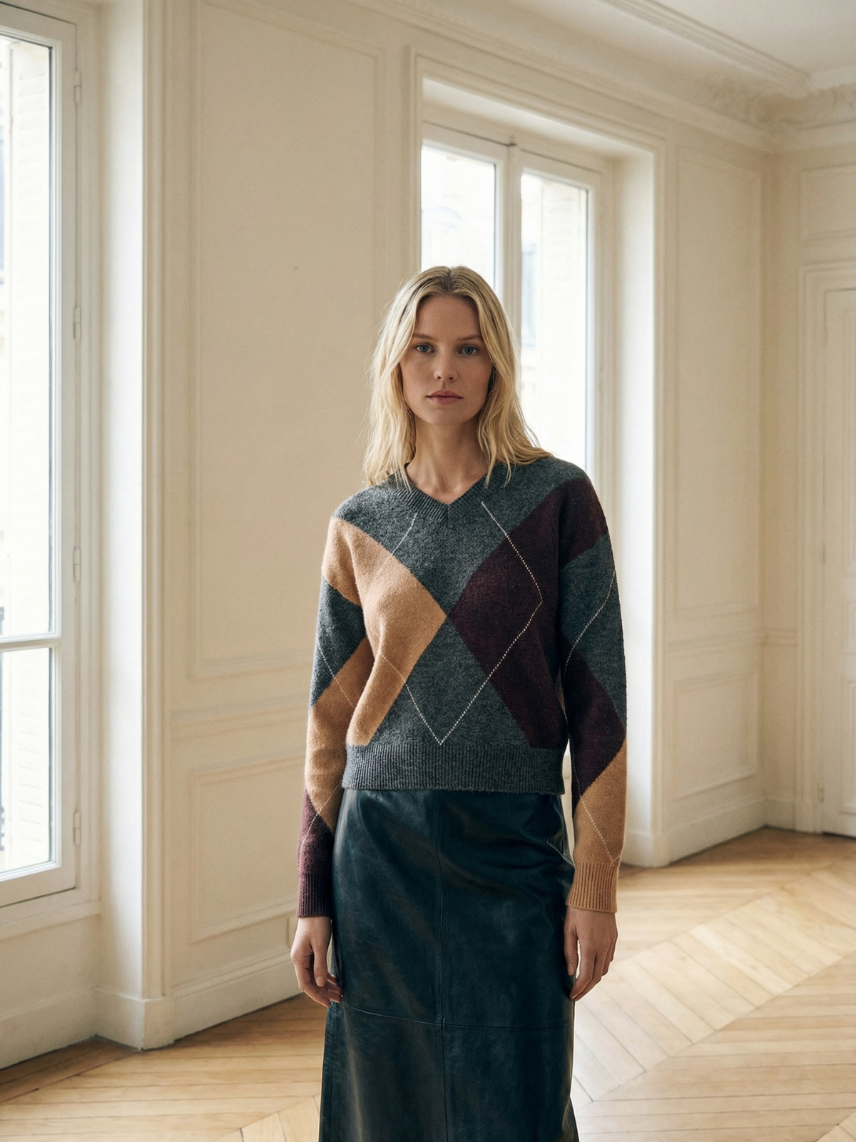 Argyle V-Neck Brushed Knit Sweater – Relaxed Dropped Shoulder Pullover – view 2