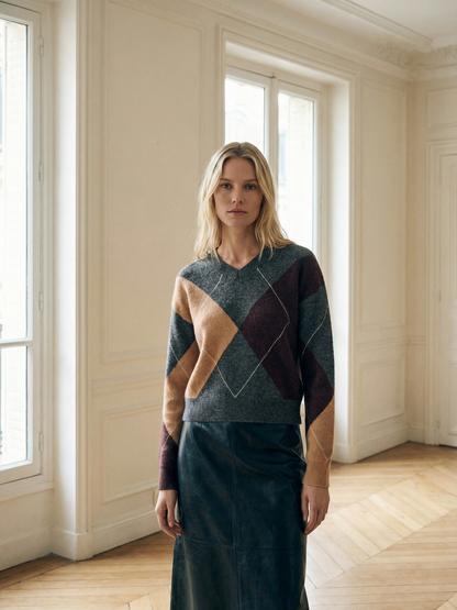 Argyle V-Neck Brushed Knit Sweater – Relaxed Dropped Shoulder Pullover – view 2