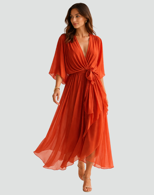 Amanda | Women's Elegant Midi Wedding Guest Dress with Wrap Neckline