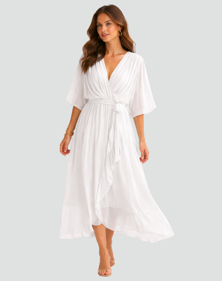 Amanda | Women's Elegant Midi Wedding Guest Dress with Wrap Neckline