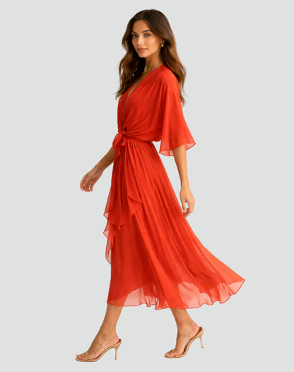 Amanda | Women's Elegant Midi Wedding Guest Dress with Wrap Neckline