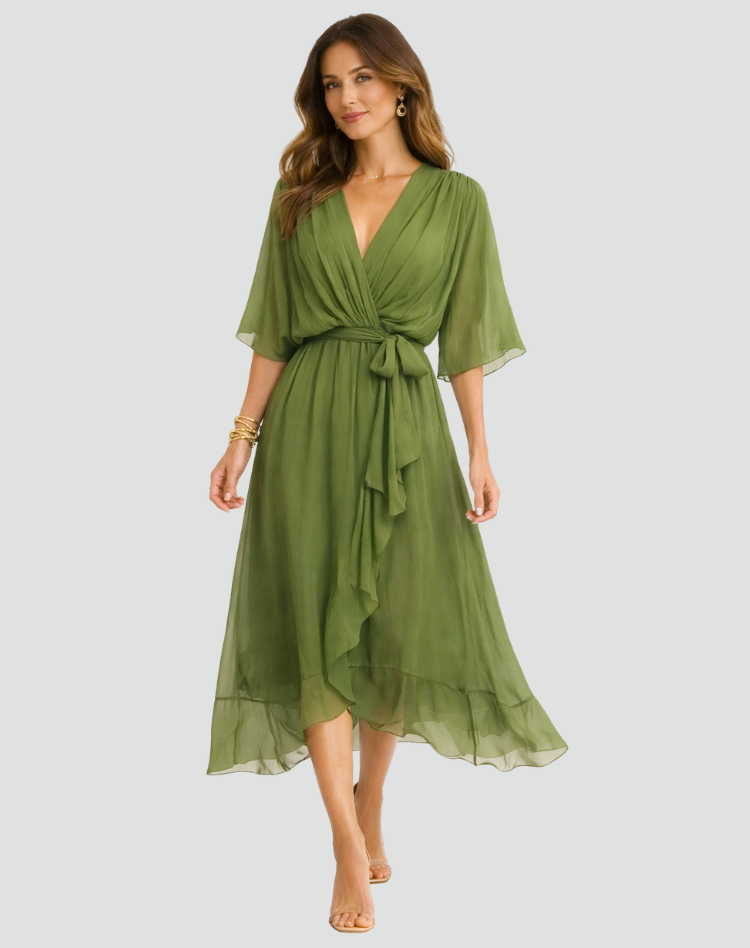 Amanda | Women's Elegant Midi Wedding Guest Dress with Wrap Neckline