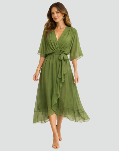 Amanda | Women's Elegant Midi Wedding Guest Dress with Wrap Neckline