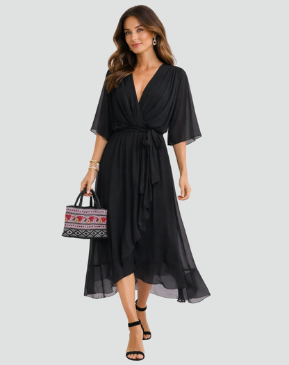 Amanda | Women's Elegant Midi Wedding Guest Dress with Wrap Neckline