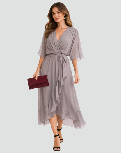 Amanda | Women's Elegant Midi Wedding Guest Dress with Wrap Neckline