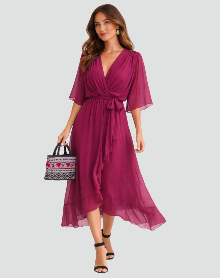 Amanda | Women's Elegant Midi Wedding Guest Dress with Wrap Neckline