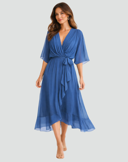 Amanda | Women's Elegant Midi Wedding Guest Dress with Wrap Neckline