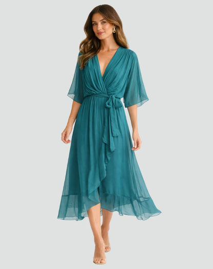 Amanda | Women's Elegant Midi Wedding Guest Dress with Wrap Neckline