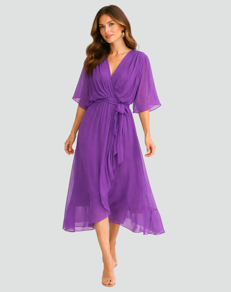 Amanda | Women's Elegant Midi Wedding Guest Dress with Wrap Neckline