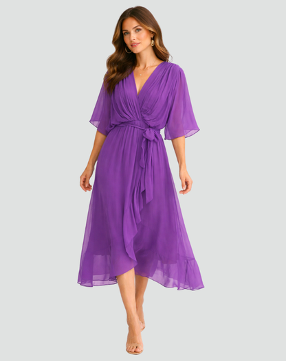 Amanda | Women's Elegant Midi Wedding Guest Dress with Wrap Neckline