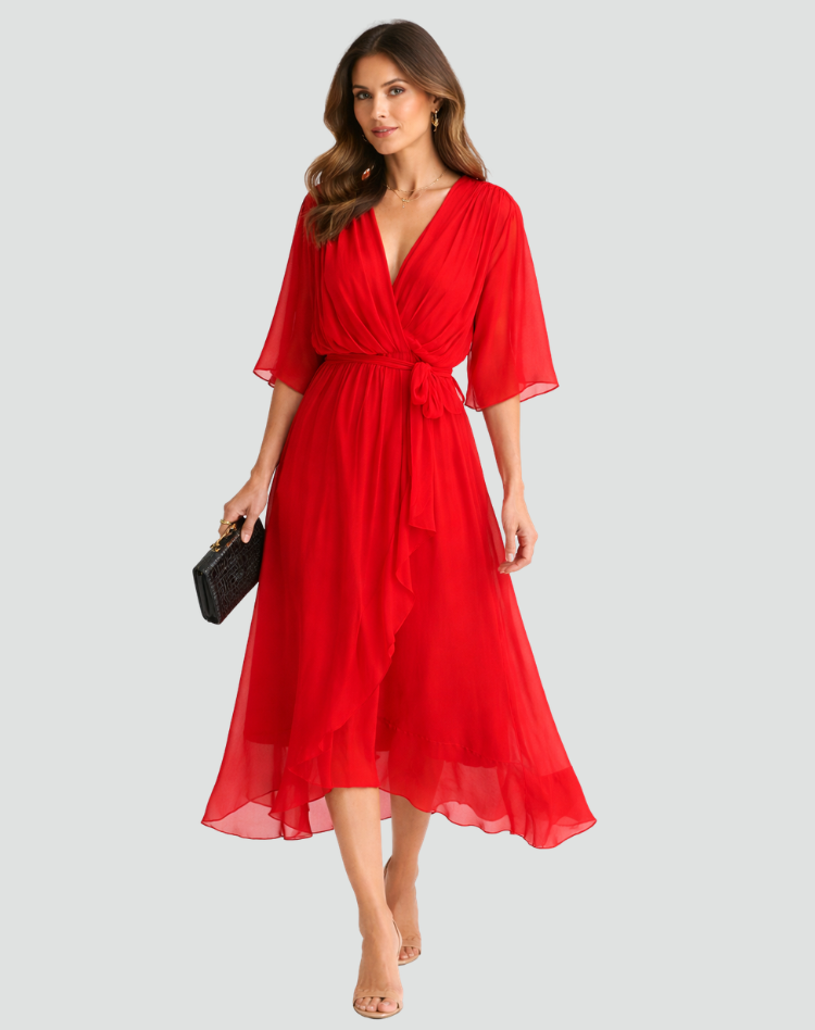 Amanda | Women's Elegant Midi Wedding Guest Dress with Wrap Neckline