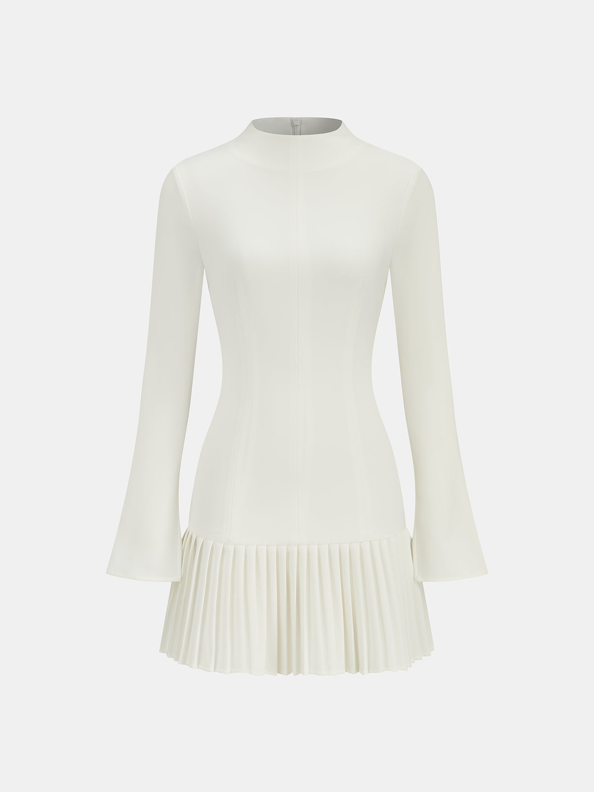 Mock-Neck Pleated Mini Dress – Long Bell Sleeve Party Dress – view 4