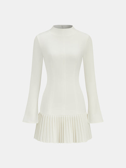 Mock-Neck Pleated Mini Dress – Long Bell Sleeve Party Dress – view 4