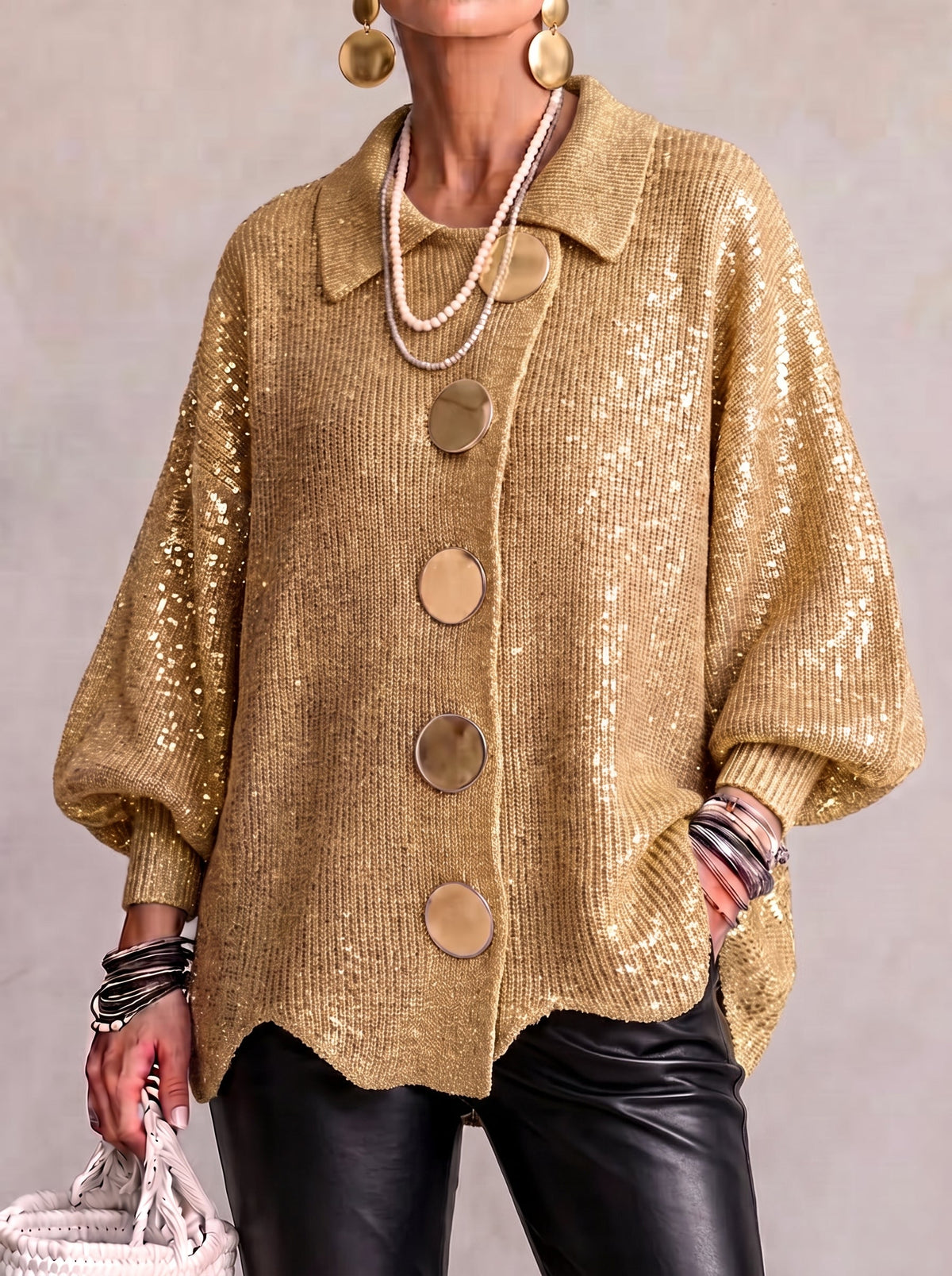 Women's Oversized Collared Cardigan – Chunky Knit with Large Gold Buttons – view 5