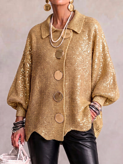 Women's Oversized Collared Cardigan – Chunky Knit with Large Gold Buttons – view 5