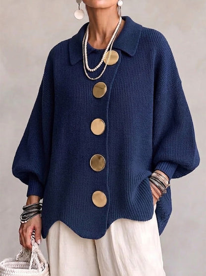 Women's Oversized Collared Cardigan – Chunky Knit with Large Gold Buttons