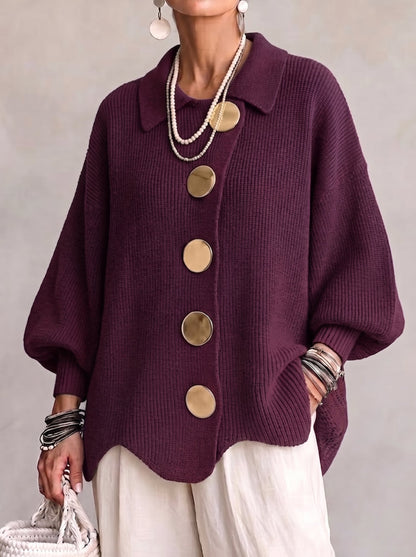 Women's Oversized Collared Cardigan – Chunky Knit with Large Gold Buttons – view 3