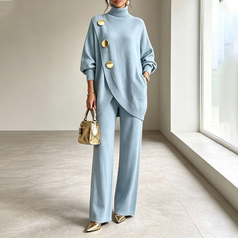 Women's Knit Two-Piece Set – Turtleneck Sweater & Wide-Leg Pants