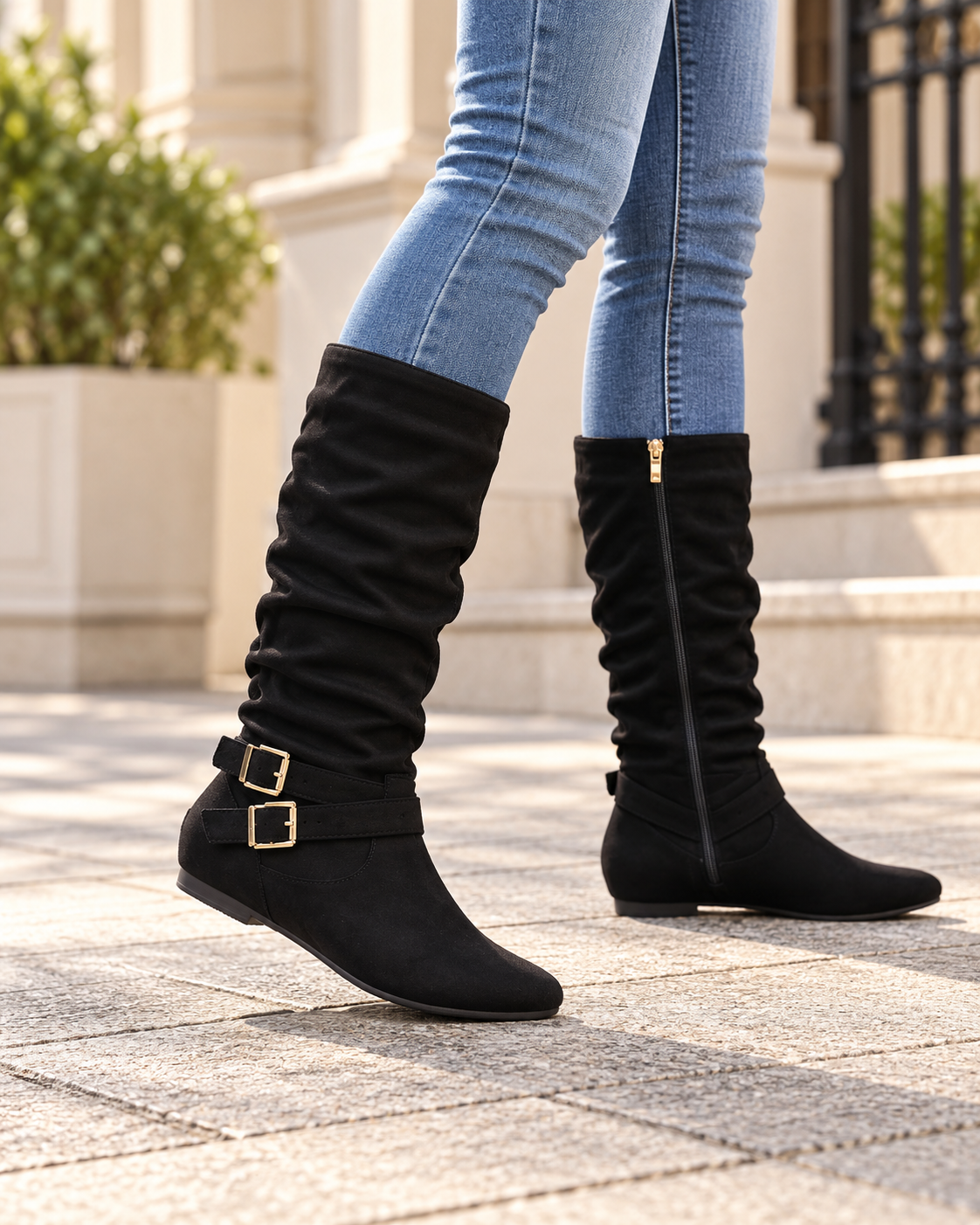 Women's Suede Slouchy Knee-High Boots – Double Buckle, Side Zip, Flat Heel – view 2