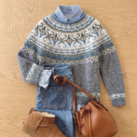 Women's Nordic Fair Isle Chunky Knit Sweater – Relaxed Pullover, Grey