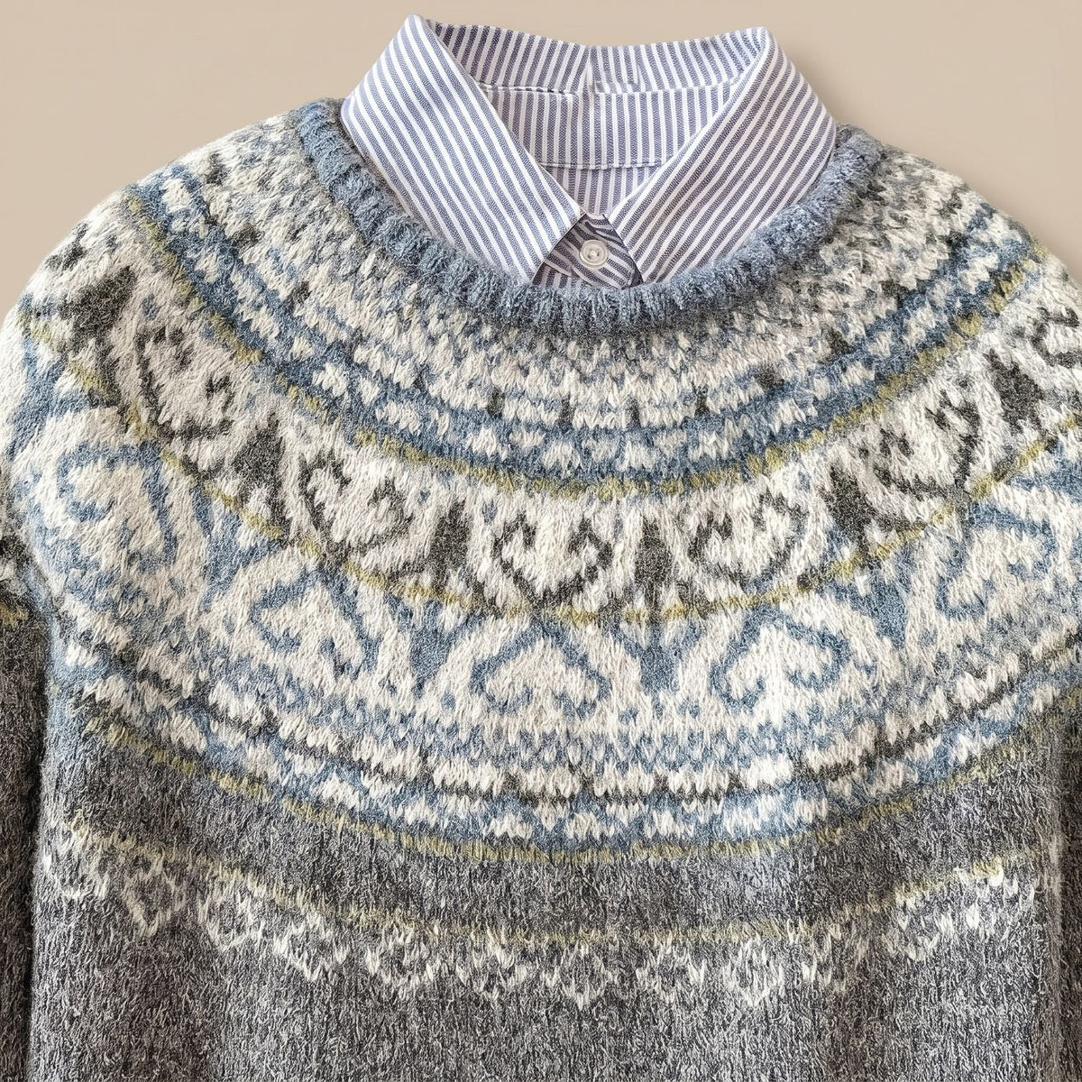Women's Nordic Fair Isle Chunky Knit Sweater – Relaxed Pullover, Grey – view 2