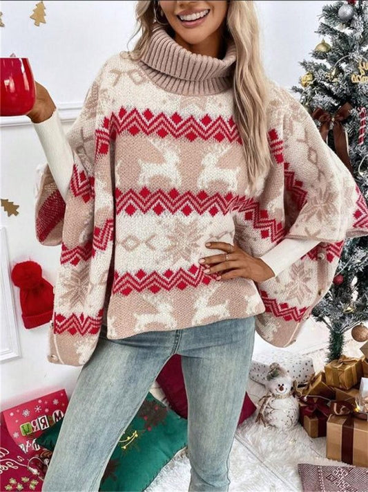 Women's Reindeer Fair Isle Poncho Sweater – Turtleneck Christmas Sweater