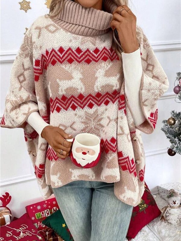 Women's Reindeer Fair Isle Poncho Sweater – Turtleneck Christmas Sweater – view 2