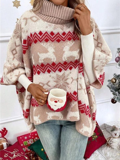Women's Reindeer Fair Isle Poncho Sweater – Turtleneck Christmas Sweater – view 2