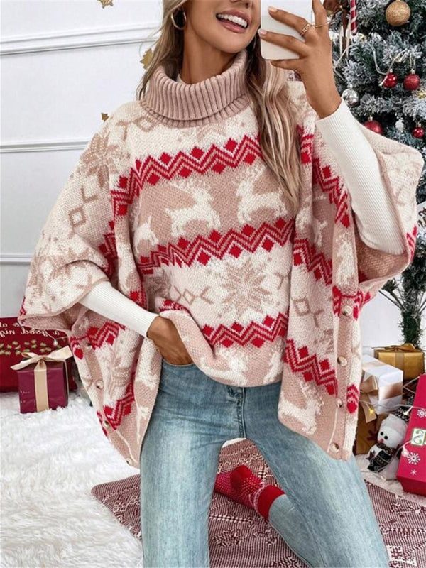 Women's Reindeer Fair Isle Poncho Sweater – Turtleneck Christmas Sweater – view 4