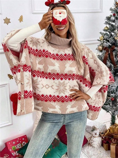 Women's Reindeer Fair Isle Poncho Sweater – Turtleneck Christmas Sweater – view 5